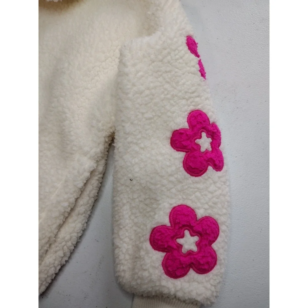 Old Navy Girls Cream Sherpa Zip Up Hoodie Pink Floral Sleeves Size S 6-7‎